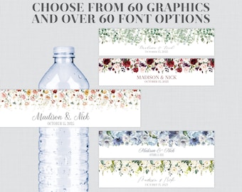 Printable OR Printed Floral Water Bottle Labels with Your Choice of Flower Graphic and Fonts - Customized Wedding Water Bottle Labels 0072