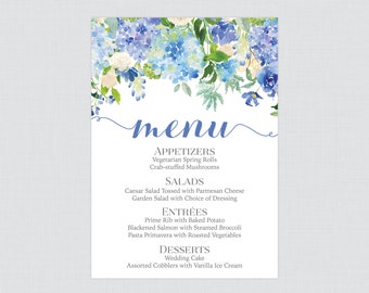 Printable OR Printed Wedding Menu Cards - Blue Hydrangea Wedding Menu Cards, Blue and White Flower Menu Cards for Wedding 5x7 Size 0022