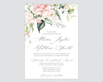 Printable OR Printed Wedding Invitations - Pink Floral Wedding Invitations, Pink Roses and Flowers Wedding Invites, Pink Invitations 0024