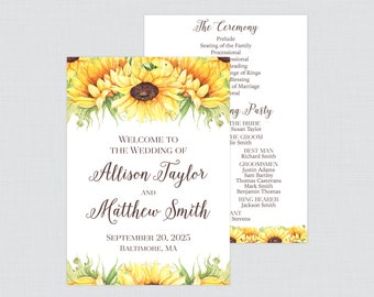May include: A sunflower wedding invitation with a welcome message for Allison Taylor and Matthew Smith. The wedding is on September 20, 2025 in Baltimore, MA. The invitation includes a list of the wedding party members.