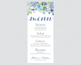 Printable OR Printed Wedding Menu Cards - Blue Hydrangea Wedding Menu Card, Blue and White Flower Menu Cards for Wedding in 4x9.25 Size 0022