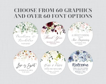 Printable OR Printed Flower Stickers - Choose Your Floral Graphic, Fonts, Font Color - Personalized Circle Wedding Label Favor Stickers 0072