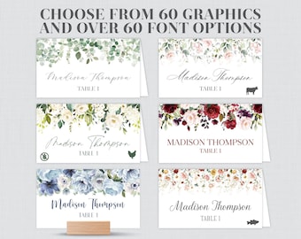 Printed Floral Place Cards - Choose Your Flower Graphic, Font, and Font Color - Flat or Folded Place Cards for Wedding - Meal Choices 0072