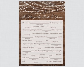 Druckbare rustikale Hochzeit Mad Libs - Holz und Lichterketten Wedding Mad Libs Karten für Beratung - Landhochzeitsempfang Spiel/Aktivität 0036