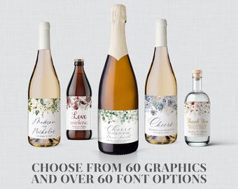 PRINTED Flower Wine Bottle Labels - Choose Your Floral Graphic, Fonts, Font Color - Personalized Champagne, Beer, Liquor Favor Stickers 0072