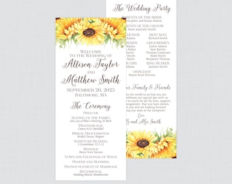 May include: A wedding program with a sunflower design. The program includes the names of the bride and groom, Allison Taylor and Matthew Smith, the wedding date, September 20, 2025, and the location, Baltimore, MA. The program also includes the order of the ceremony, including the prelude, processional, bridal processional, scripture reading, message, vows and exchange of rings, prayer and blessing, pronouncement of marriage, and recessional.