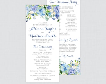 Printable OR Printed Wedding Programs - Blue Hydrangea Wedding Ceremony Program Cards, Personalized Wedding Program Blue & White Flower 0022