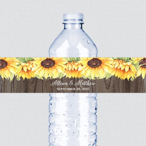 Printable OR Printed Sunflower and Wood Wedding Water Bottle - Etsy