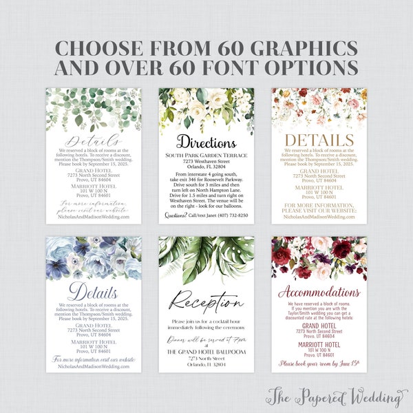 Printable OR Printed Wedding Details Cards - Choose From 60 Floral Graphics, Font, Font Colors - Semi-Custom Invitation Insert Cards 0072