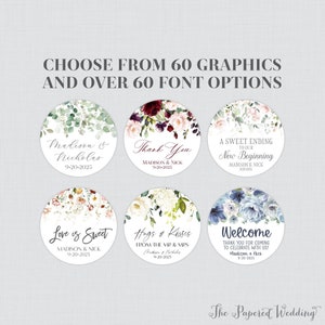 Printable OR Printed Flower Stickers - Choose Your Floral Graphic, Fonts, Font Color - Personalized Circle Wedding Label Favor Stickers 0072