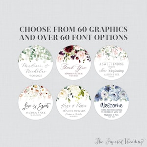 Printable OR Printed Flower Stickers - Choose Your Floral Graphic, Fonts, Font Color - Personalized Circle Wedding Label Favor Stickers 0072