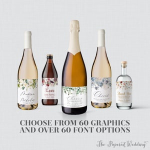 PRINTED Flower Wine Bottle Labels - Choose Your Floral Graphic, Fonts, Font Color - Personalized Champagne, Beer, Liquor Favor Stickers 0072