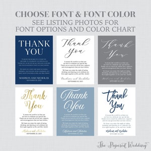 May include: Six different thank you cards with a wedding theme. The cards are in various colors, including blue, gray, and gold. The text on the cards reads "Thank You" and includes the message "It means the world to us that you are here to celebrate our special day." The cards also include the names "Madison and Nicholas" and the date "September 20, 2025".