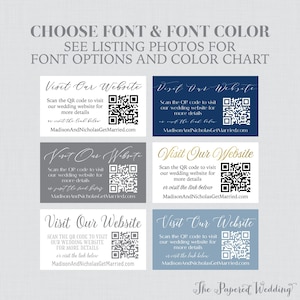 May include: Four different color variations of a wedding website QR code card. The cards are all the same size and shape, and they all feature a QR code in the top right corner. The text on the cards reads "Visit Our Website" and includes the website address "MadisonAndNicholasGetMarried.com".