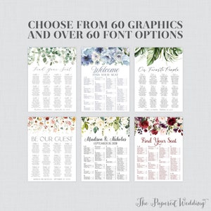Printed OR Printable Wedding Seating Chart  - Choose Your Flowers, Fonts, and Font Color - Foam Board, Poster, or Custom Made File 0072