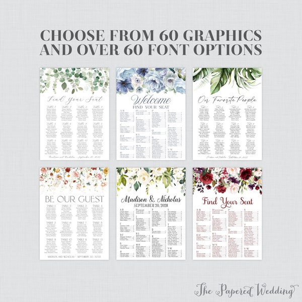 Printed OR Printable Wedding Seating Chart  - Choose Your Flowers, Fonts, and Font Color - Foam Board, Poster, or Custom Made File 0072