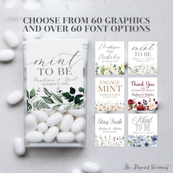 PRINTED Flower Labels for Tic Tac Containers -  Choose Your Floral Graphic, Fonts, Font Color - Personalized Mint Label Favor Stickers 0072