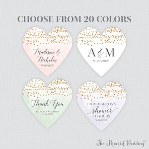 PRINTED Watercolor Heart Shaped Stickers - 20 Color Options! - Custom Wording Watercolor and Gold Heart Wedding or Shower Favor Labels 0071