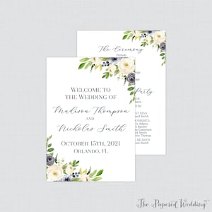 Printable OR Printed Wedding Programs - Navy Flower Wedding Ceremony Program Cards, Personalized Modern Wedding Program Navy and Cream 0012