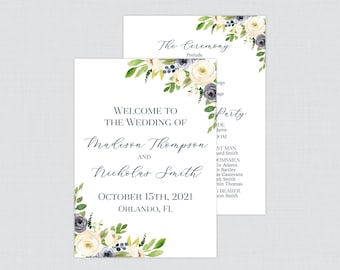 Printable OR Printed Wedding Programs - Navy Flower Wedding Ceremony Program Cards, Personalized Modern Wedding Program Navy and Cream 0012