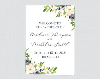 Printable OR Printed Wedding Program Booklet - Navy Floral Wedding Ceremony Programs, Personalized Program Template, Navy Cream Flower 0012