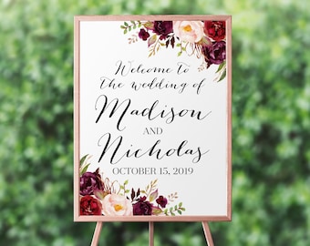Marsala and Pink Wedding Welcome Sign - Rustic Flower Welcome Sign for Wedding - Printable or Printed Personalized Wedding Welcome 0006