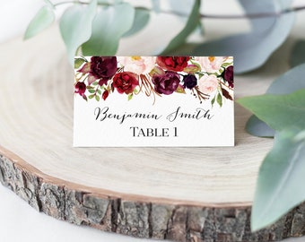 Printed Wedding Place Cards - Marsala and Pink Floral Wedding Table Place Cards, Rustic Wine Flower Printable Place Cards for Wedding 0006