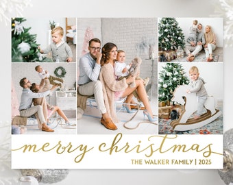 Christmas Cards 5 Photos Printed or Printable - Faux Gold Foil Photo Collage Christmas Cards - Simple, Modern Cards Five Pictures - 054 P4