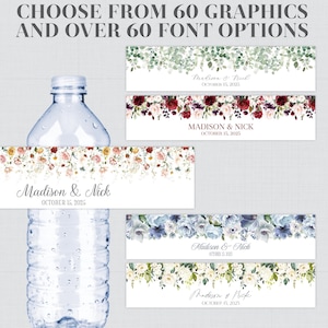Printable OR Printed Floral Water Bottle Labels with Your Choice of Flower Graphic and Fonts - Customized Wedding Water Bottle Labels 0072