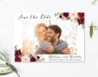 Printable OR Printed Photo Save the Date Cards - Floral Photo Save our Date Cards for Wedding - Marsala and Pink Flower Save the Dates 0006