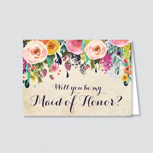 Imprimable Will You Be Maid of Honor Cards - Floral Will You Be My Maid of Honor Card, Maid of Honor Proposition Card - Fleurs colorées 0003-A
