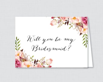 Printable Will You Be My Bridesmaid Cards - Pink Will You Be My Bridesmaid Card, Rustic Pink Flower Bridesmaid Proposal, Pink Floral 0004