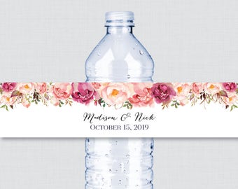 Printable OR Printed Wedding Water Bottle Labels - Rustic Pink Flower Custom Water Bottle Labels - Personalized Water Bottle Labels 0004