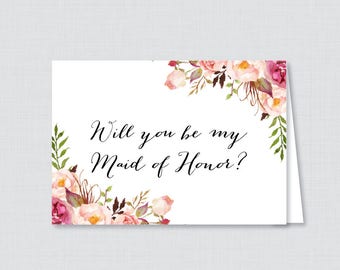 Imprimable Will You Be Maid of Honor Cards - Pink Will You Be My Maid of Honor Card, Maid of Honor Proposition Card - Rustic Pink Flowers 0004