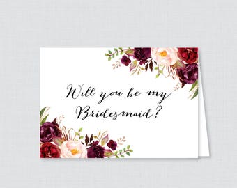 Printable Will You Be My Bridesmaid Cards - Marsala Will You Be My Bridesmaid Card, Rustic Pink Flower Bridesmaid Proposal, Wine Floral 0006