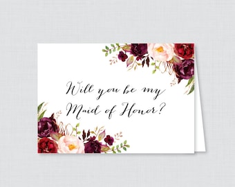 Printable Will You Be Maid of Honor Cards - Marsala Will You Be My Maid of Honor Card, Maid of Honor Proposal Card, Rustic Pink Flowers 0006