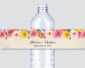 Printable OR Printed Wedding Water Bottle Labels - Floral, Custom Water Bottle Labels - Personalized Bottle Labels Colorful Flowers 0003-A