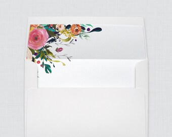 Wedding Envelopes with Liners - White A7 Envelopes with Floral Envelope Liners, Colorful Flower Shabby Chic Envelope Liners 0003-B