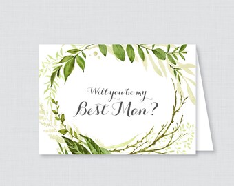 Printable Will You Be My Best Man Cards - Green Wreath Will You Be My Best Man Card, Best Man Proposal Card with Watercolor Greenery - 0007