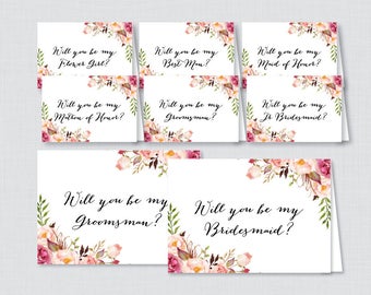 Printable Wedding Party Cards Package - Pink Floral Will You Be My Bridesmaid, Maid of Honor, Groomsman, Best Man, etc, Rustic Flowers 0004