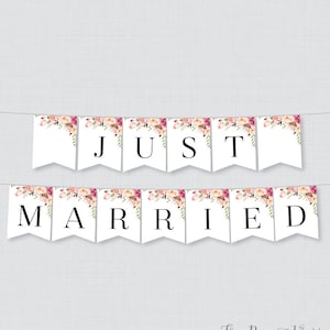 Printable Just Married Banner - Pink Flower Just Married Bunting - Rustic Flower Just Married Wedding Banner, Wedding Car Decorations 0004