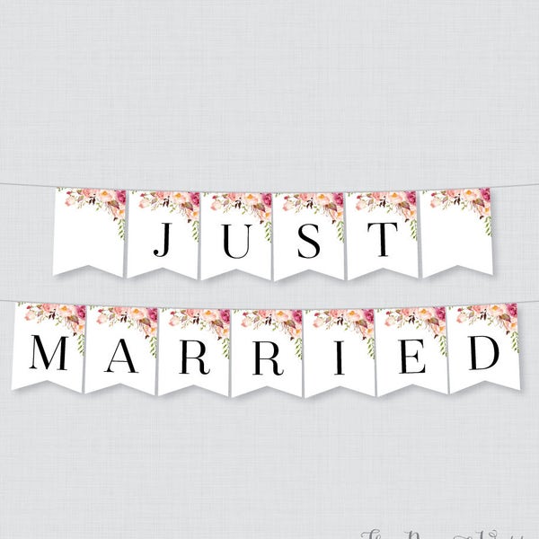 Printable Just Married Banner - Pink Flower Just Married Bunting - Rustic Flower Just Married Wedding Banner, Wedding Car Decorations 0004