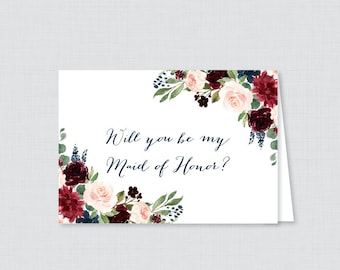 Printable Will You Be Maid of Honor Cards - Navy and Marsala Will You Be My Maid of Honor Card, Maid of Honor Proposal Card,  Flowers 0010