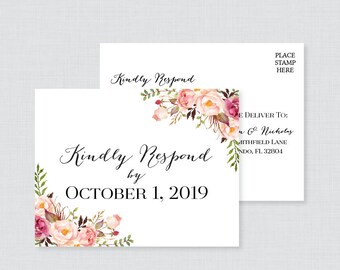 Printable OR Printed Wedding RSVP Postcards - Pink Floral RSVP Postcards - Rustic Flower Wedding Response Postcards, Invitation Insert 0004
