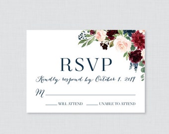 Printable OR Printed Wedding RSVP Cards - Navy and Marsala RSVP Wedding Cards - Rustic Burgundy Flower Response Cards, Wine Reply Cards 0010