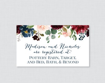 Printable OR Printed Wedding Registry Cards - Navy and Marsala Floral Wedding Registry Invitation Inserts, Wine Flower Registry Inserts 0010