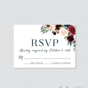 Printable OR Printed Wedding RSVP Cards - Navy and Marsala RSVP Wedding ...