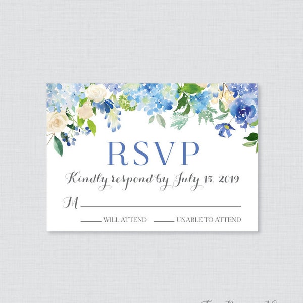 Printable OR Printed Wedding RSVP Cards - Blue Hydrangea RSVP Wedding Cards - Blue Flower Response Cards, Blue White Floral Reply Cards 0022