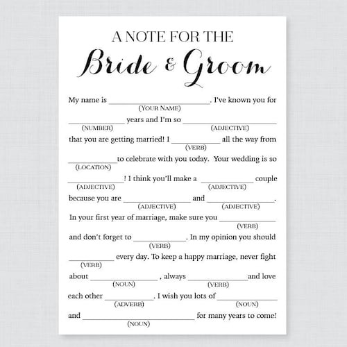 Printable Wedding Mad Libs Black and White Wedding Mad Libs - Etsy