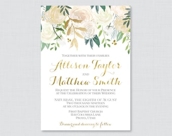 Printable OR Printed Wedding Invitations - Gold and White Floral Wedding Invitations - Faux Gold Foil and Cream Flower Wedding Invites, 0013